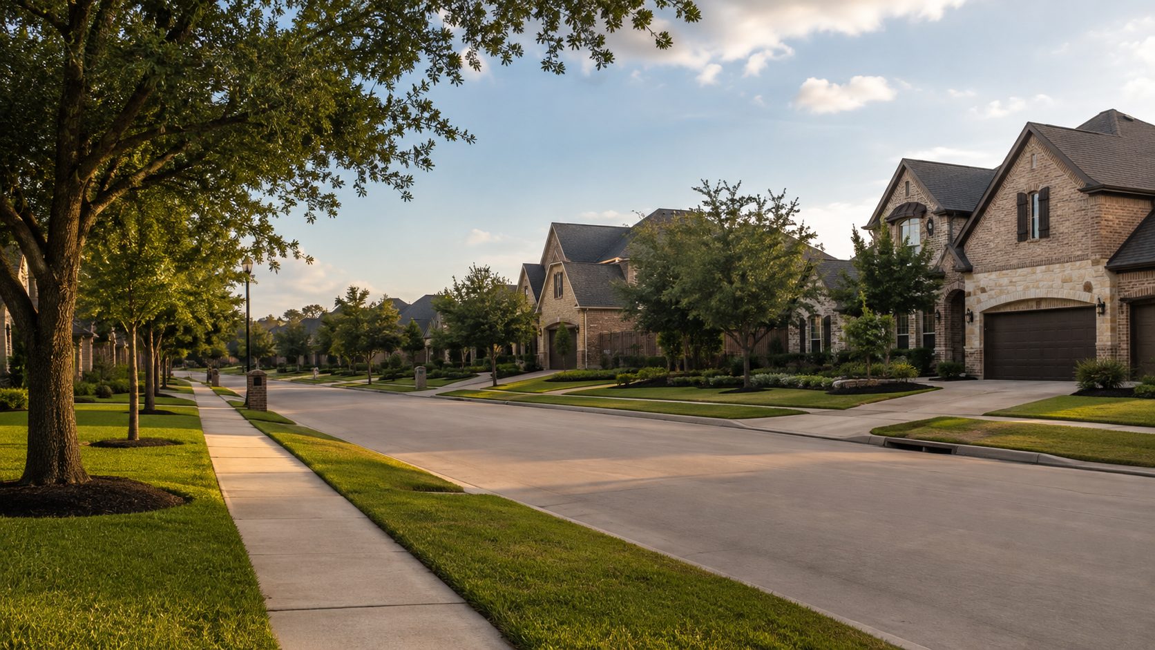 Tree-lined suburban neighborhood with brick and stone homes